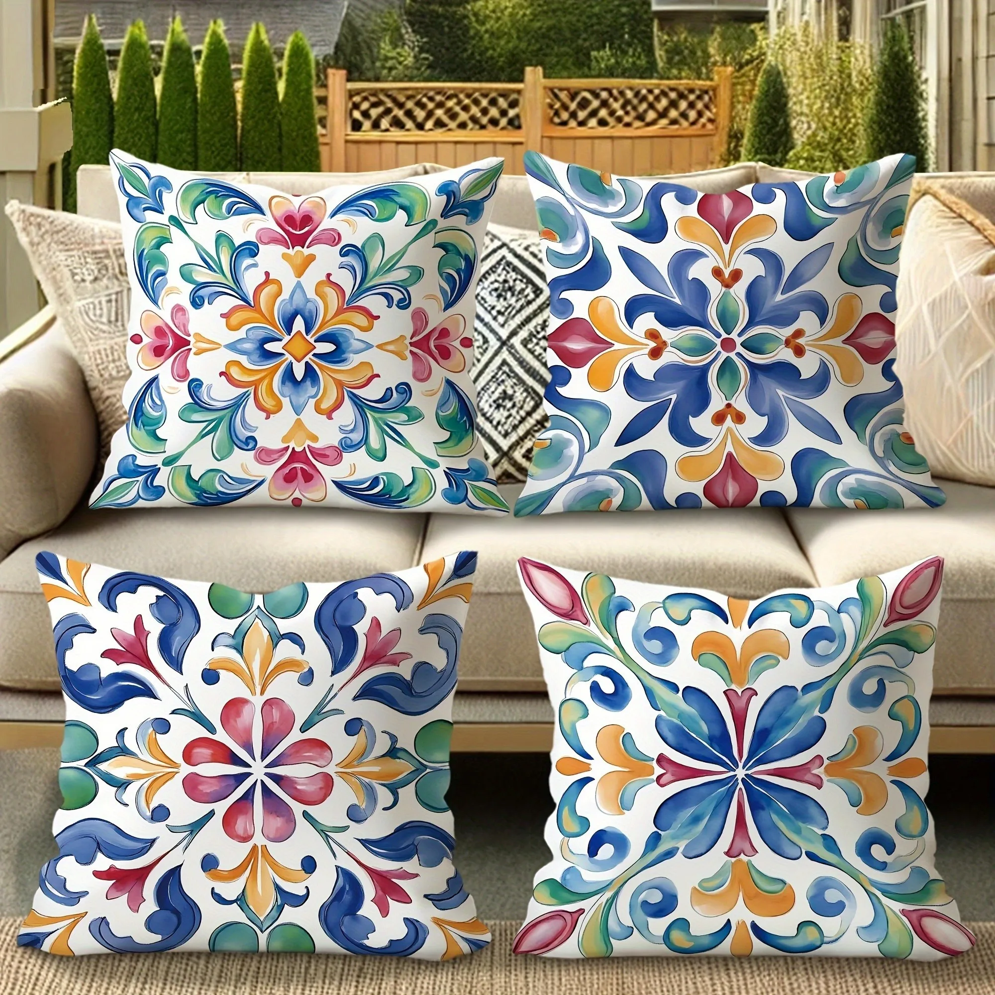 Decorative Set of 4 Blue Floral Swirl Throw Pillow Covers for Sofa Couch Accent Cushion Boho Moroccan Mediterranean Home Decor