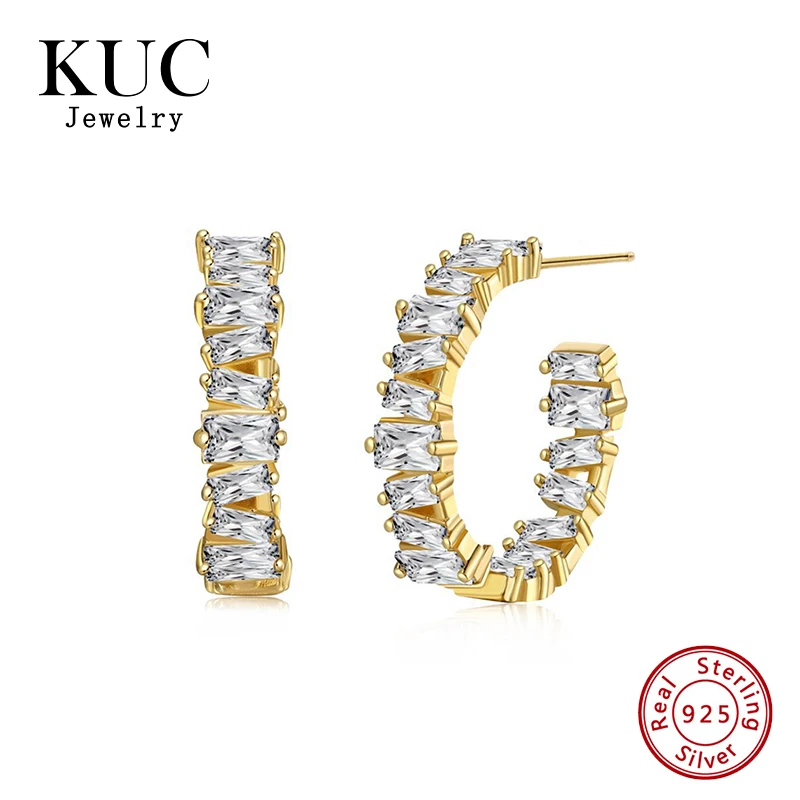 Luxury S925 Sterling Silver Fine Jewelry  for Women 18K Gold Plated Irregular Square Full Zircon Big Hoop Stud Earrings