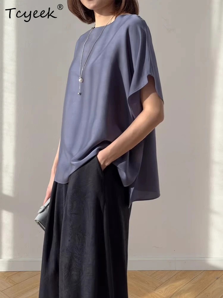 Tcyeek 100% Real Silk Tshirt Women Spring Summer Clothes Elegant Womens Tops 19MM Silk Short Sleeve Tees Casual Camisa Mujer