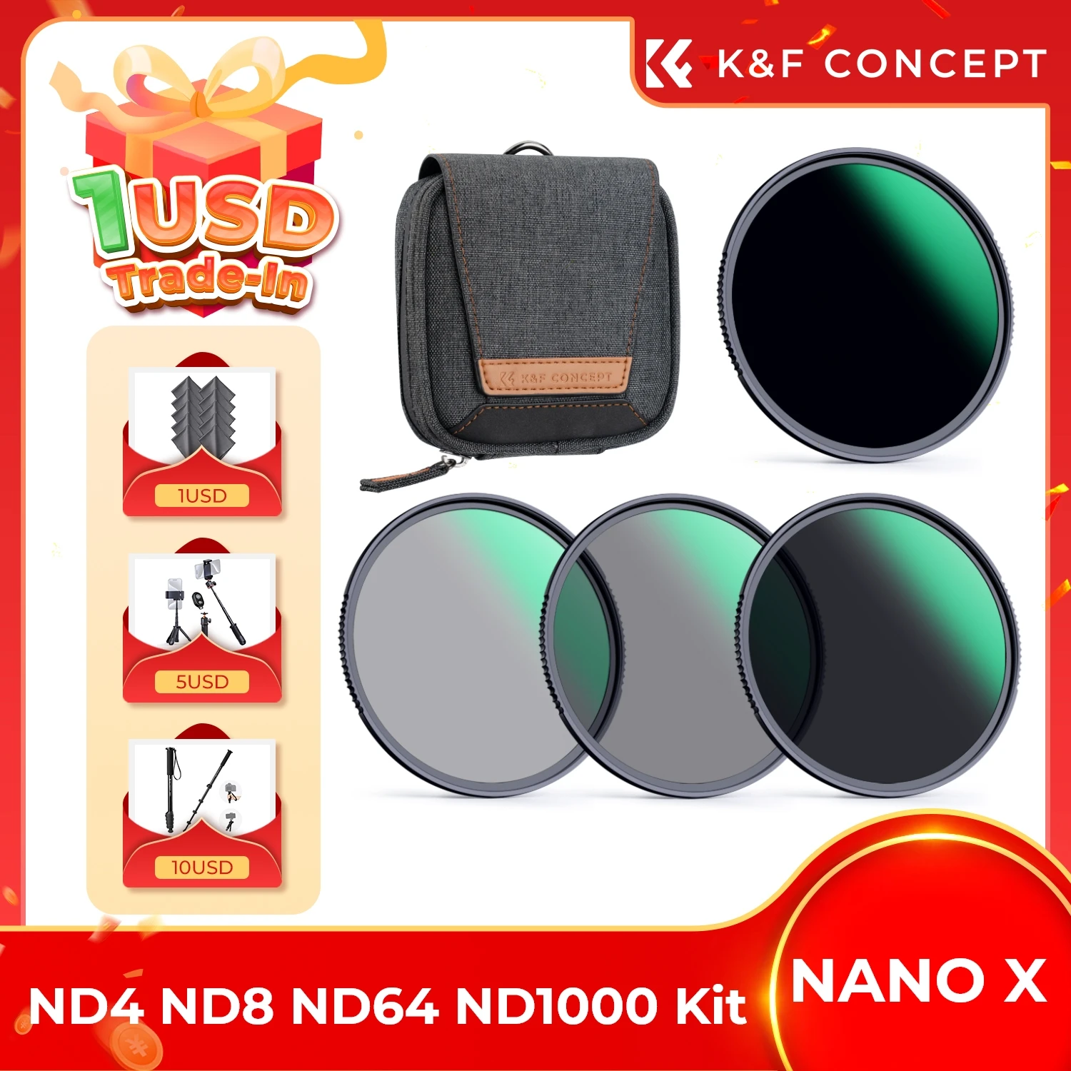 

K&F Concept 4pcs ND4 ND8 ND64 ND1000 Filter Set for Camera Lenses Filter with Pouch 49mm 52mm 55mm 58mm 62mm 67mm 72mm 77mm 82mm