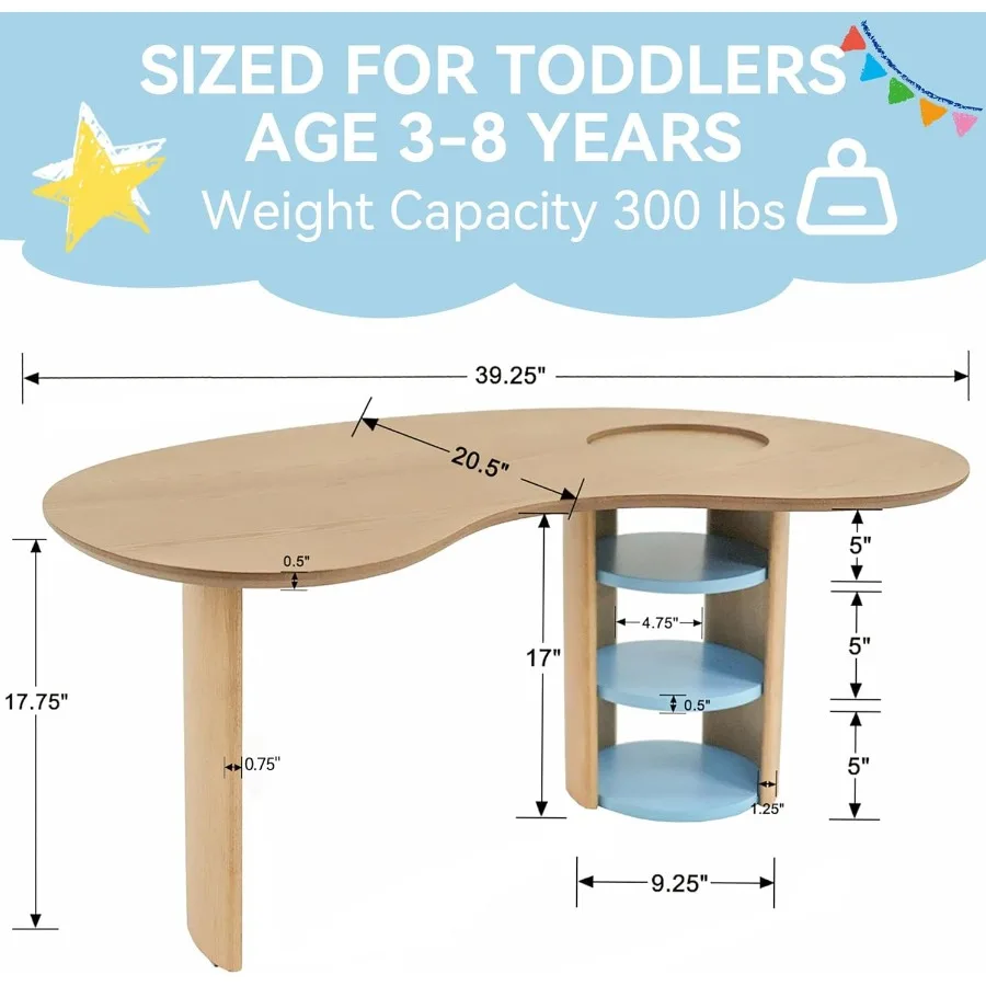 Mesa Mesa de actividades para niños pequeños con almacenamiento Mesa de madera para manualidades para niños Escritorio de lectura para edades de 3 a 8 años Mesas de riñón para dormitorio/dibujo