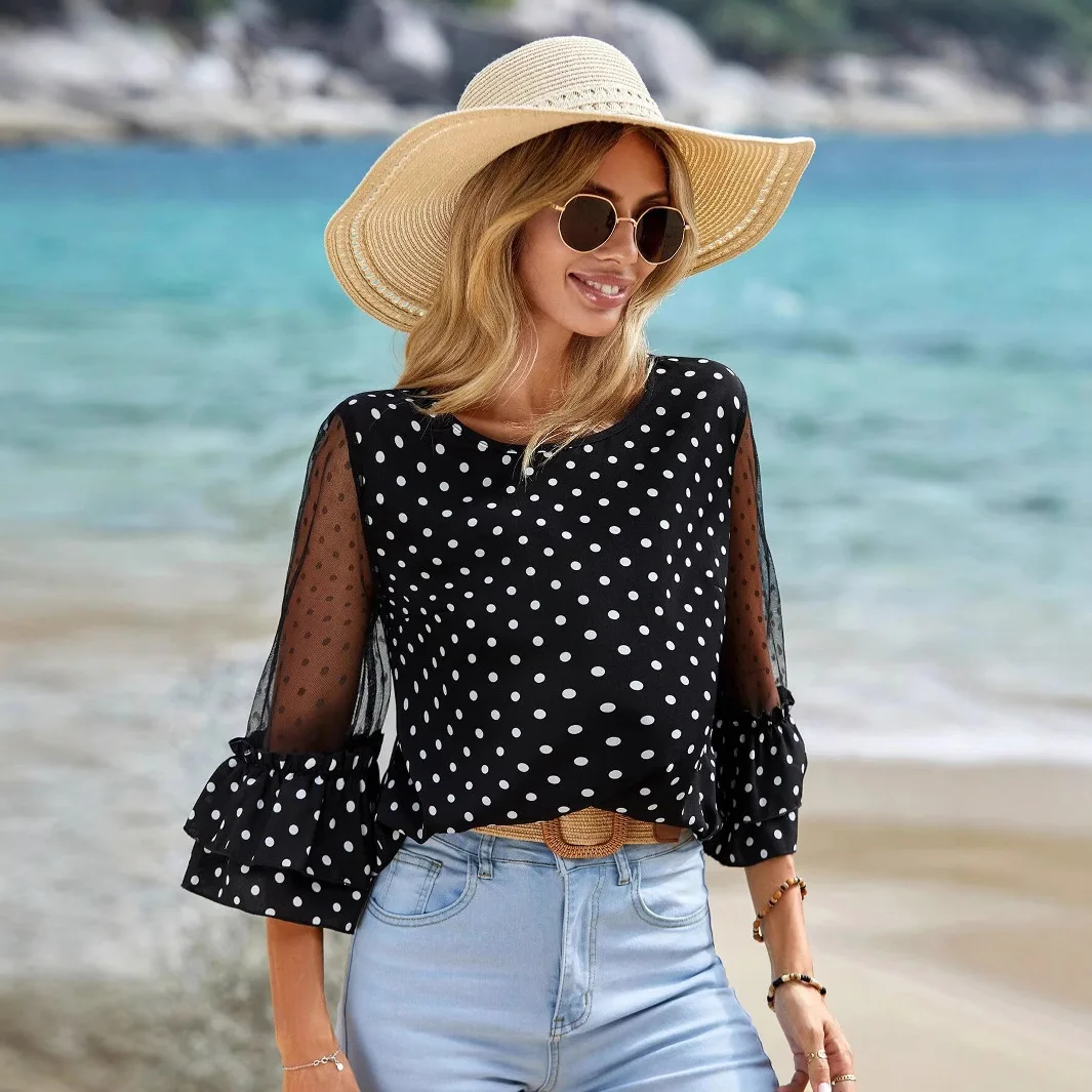 

Women's T-shirt New Fashion Vintage Loose Flared Sleeve Elegant Tee Polka Dot Printed Lace Patchwork Casual O-neck Ladies Tops