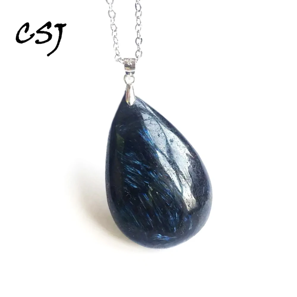 Natural Dumortierite Pendant 925 Silver Water Drop Semi Precious Dark Labradorite Gemstone Cabochon for Women Man Best Gift