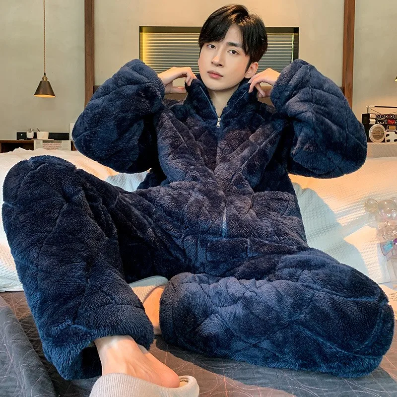 2022 Winter New 2PCS Pajamas Set Coral Fleece Men Sleepwear Nightwear Casual Thick 3 Layers Quilted Sleep Home Clothes Warm