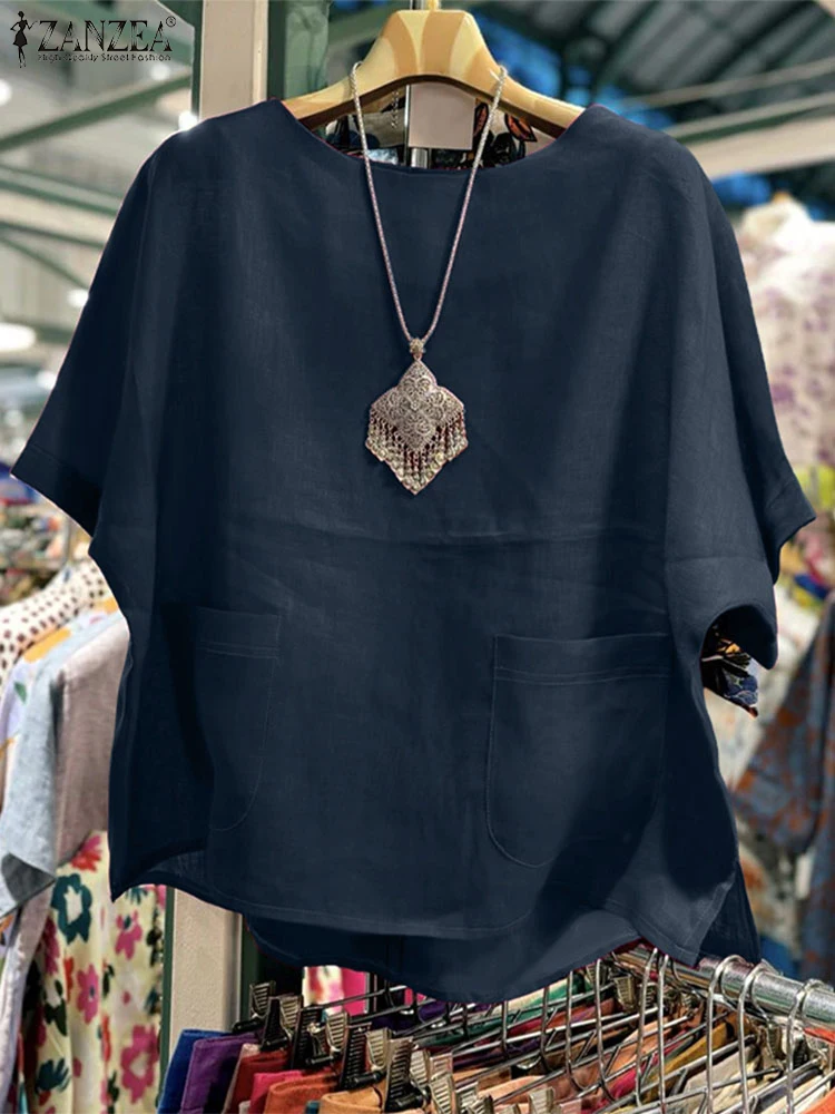 ZANZEA Women Blouse Casual Loose Pockets O Neck Tops 2025 Summer Solid Color Blusas Fashion Pullover Oversized S-5XL Tunic
