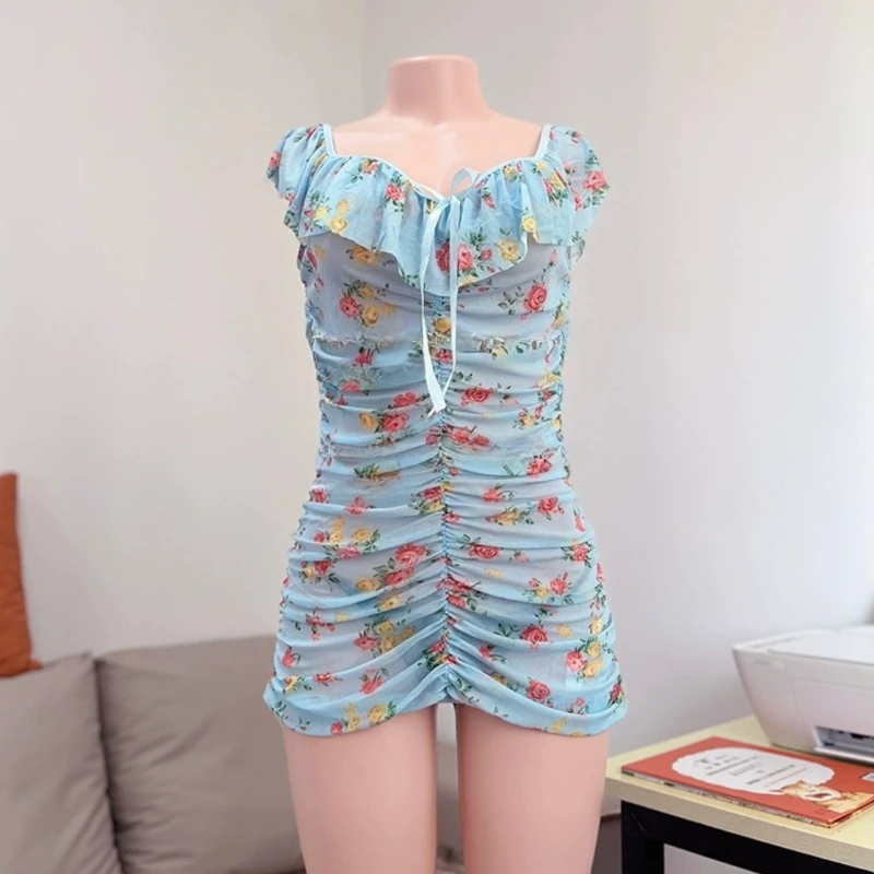 여성의 섹시한 시스루 꽃 프린트 드레스 여름 시어 바디콘 오프 숄더 미니 드레스 젊고 날씬한 블루 홈웨어
