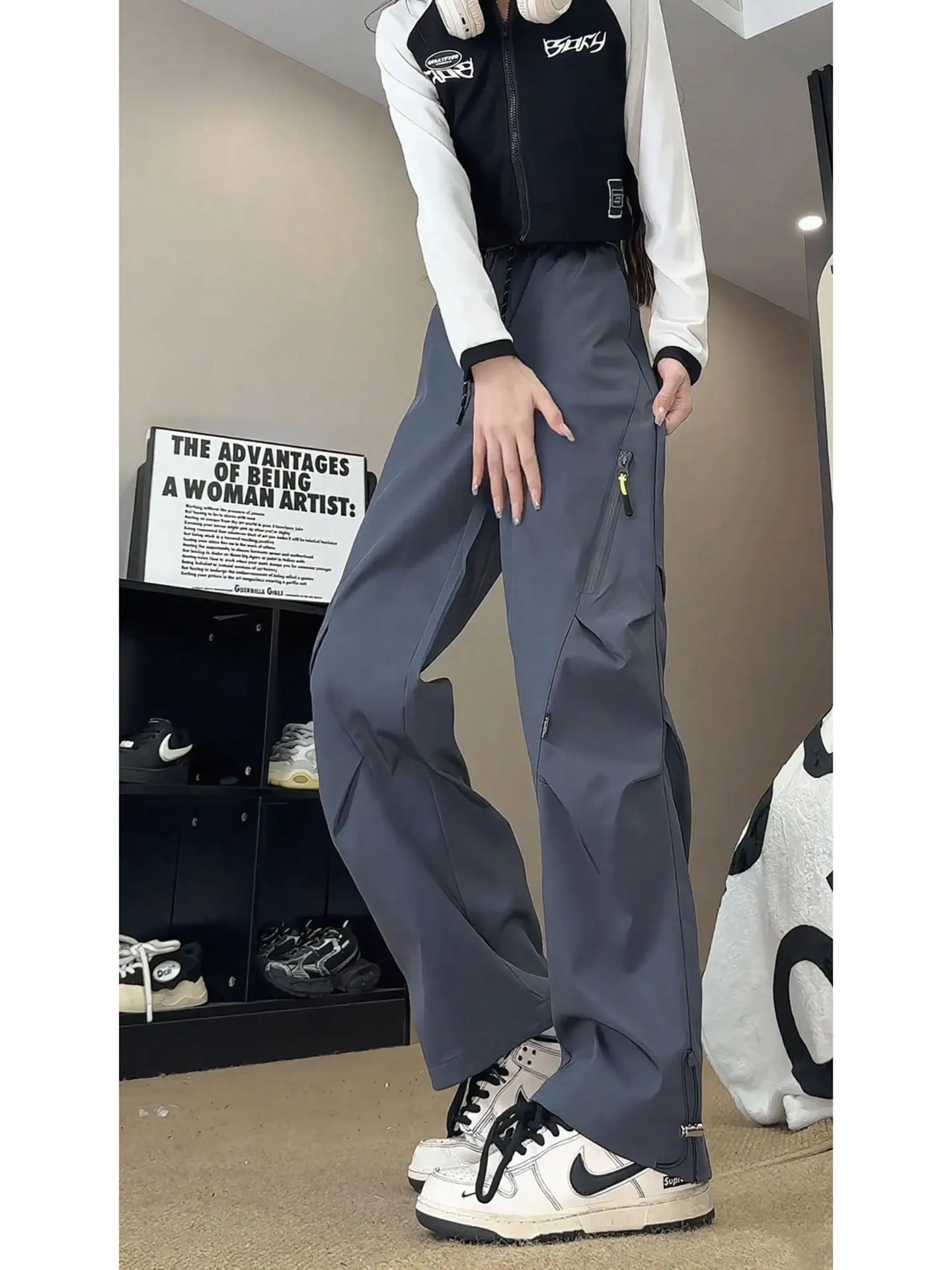 

Американские рабочие брюки в стиле High Street, прямые повседневные брюки с молнией, осенние, унисекс, свободный крой, модный бренд