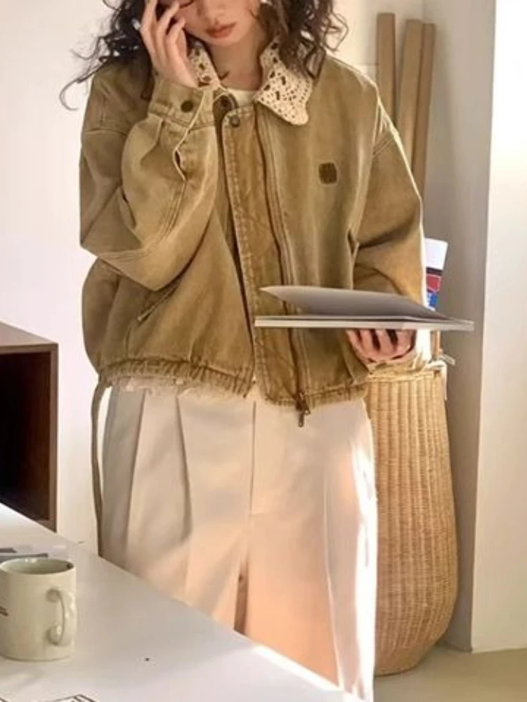 Chaqueta vaquera con cuello de encaje para mujer, abrigo caqui para primavera y otoño con estilo bohemio, informal, elegante, con capas, prendas de vestir esenciales
