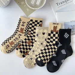 Women's Socks Spring Autumn New Mid-tube Checkerboard Cartoon Bear Light Coffee Cotton Socks Korean Version INS Socks