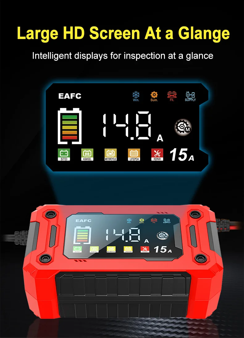 EAFC 12V 15A 8A Autobatterie-Ladegerät mit Großem Bildschirm, Pulsreparatur-Ladegerät für Auto, Motorrad, SUV, Lithium, AGM, Blei-Säure, GEL, LCD-Display – Detail 10