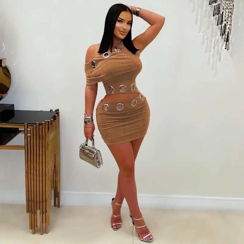 KEXU Fashion Eyelet Buckle Off-Shoulder Slim Top and Mini Midi Skirts Women Two Piece Sets Sexy Club Party Outifits Vestido