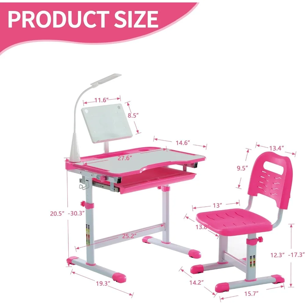 Kids Functional Desk and Chair Set,Ergonomic Height Adjustable Children School Study Desk with Tilt Desktop,Book Stand,LED Light