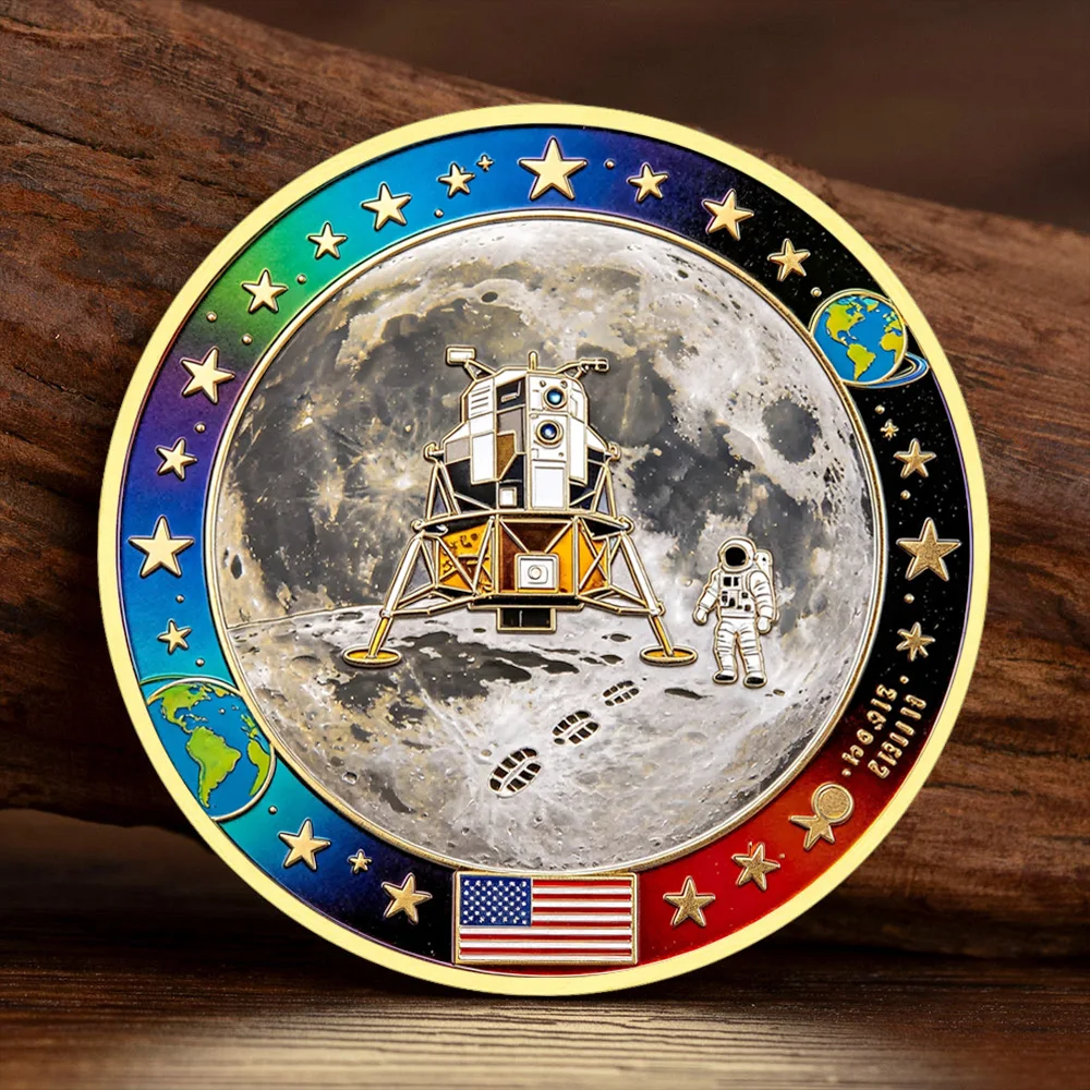 Astronaut Moon Landing Commemorative Coin - 2D Color Printed American Flag Lunar Rover Gold Plated Collection Coin