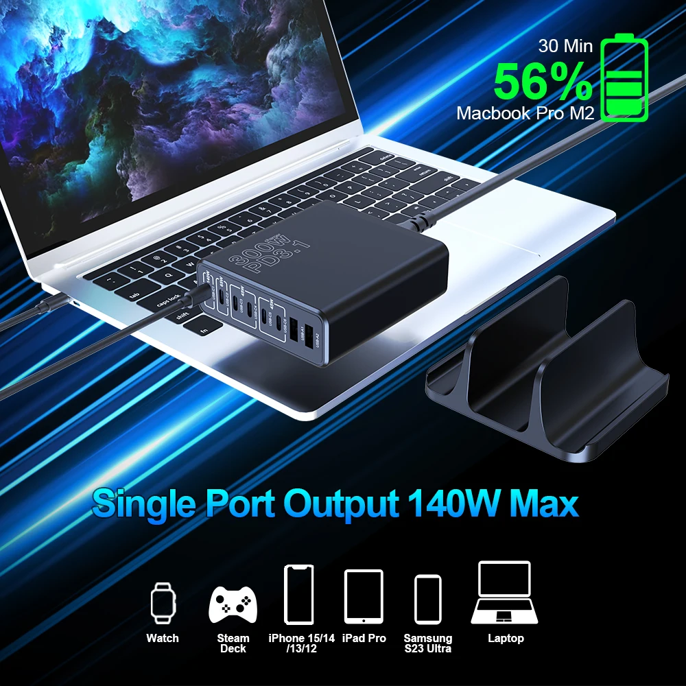 Ubigbuy 300W GaN Charger Desktop Charging Station 140W PD3.1 Fast Charger 100W USB Charger for MacBook Pro iPad iPhone Samsung