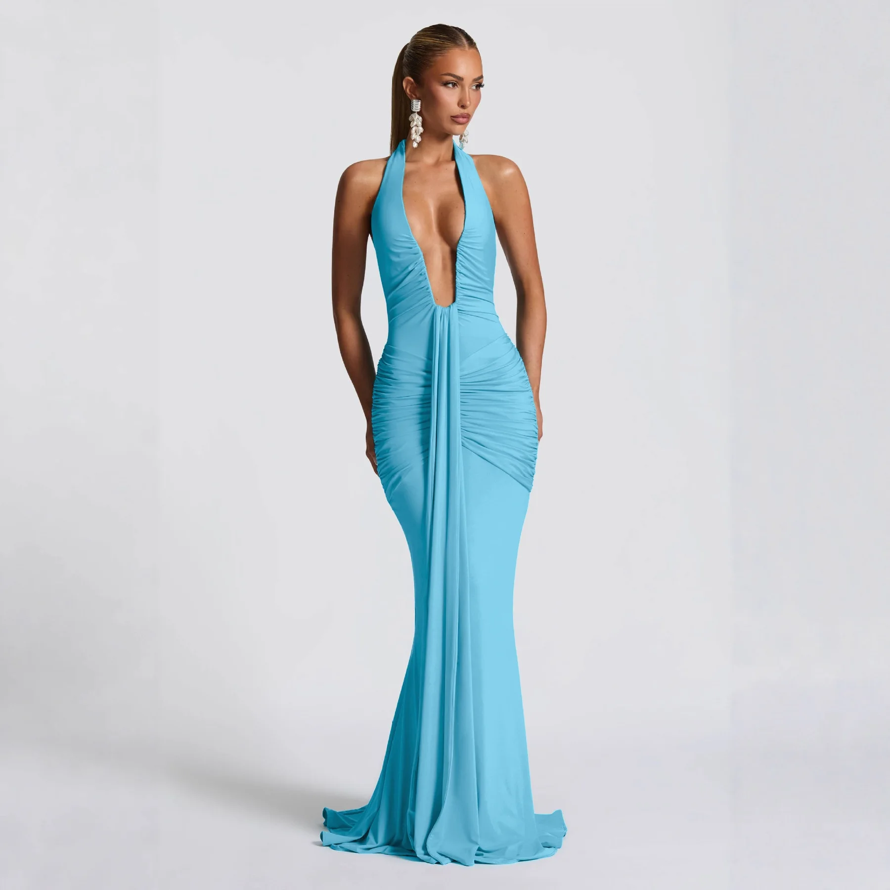 

Sexy Evening Club Party Dresses Women Summer Ruched Bodycon Dress Deep V Neck Halter Draped Backless Elegant Robe