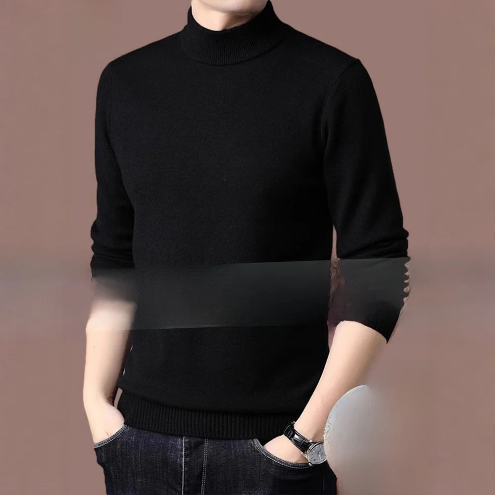 

New Men's Camere Sweater Thiened f High Collar Warm Mid-aged Knitted Winter Base Layer Woolen irt Loose Fit Long Sve