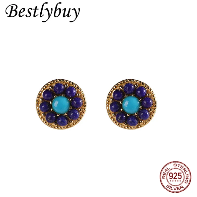 

Настоящие серьги из серебра S925 с позолотой 18К, с натуральным лазуритом/бирюзой, круглые, в форме цветка, простые, женские, модные, новые, подарок