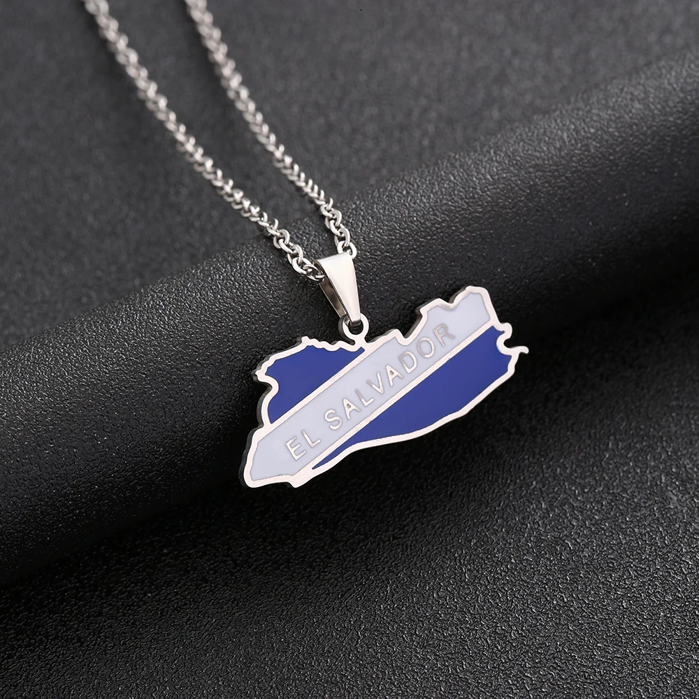 El Salvador Map Coloured Flag Pendant Necklace Stainless Steel For Women Girls Gold Silver Color Charm Fashion Jewelry Gift