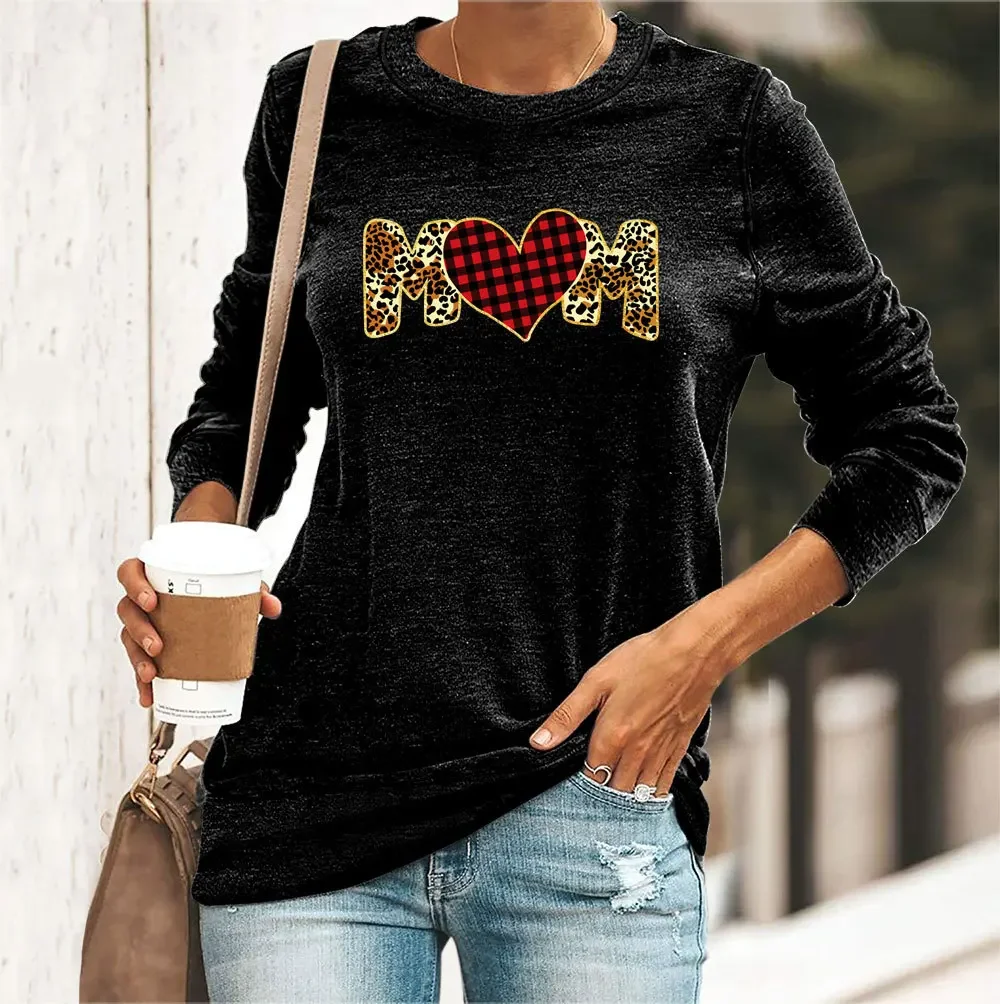 Women's Loose-Fit Heart Print Round Neck Long Sleeve T-Shirt Amazon EU Warehouse Stock Cotton Crew Neck Flower Decoration Tops