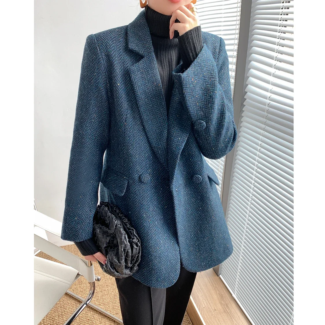 Blazer Women Woolen Jacket Blazer Loose Blue Winter 2024 Casual Woollen Suit Jackets Coat