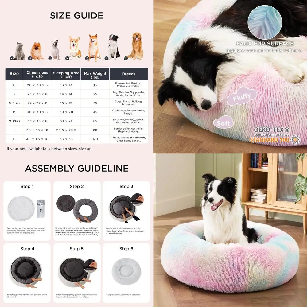 

Washable Donut-Shaped Large Dog Bed, Fluffy Plush Faux Fur, Anti-Slip, Suitable for Pets up to 80 lbs, 36 inches, Multi-Colored