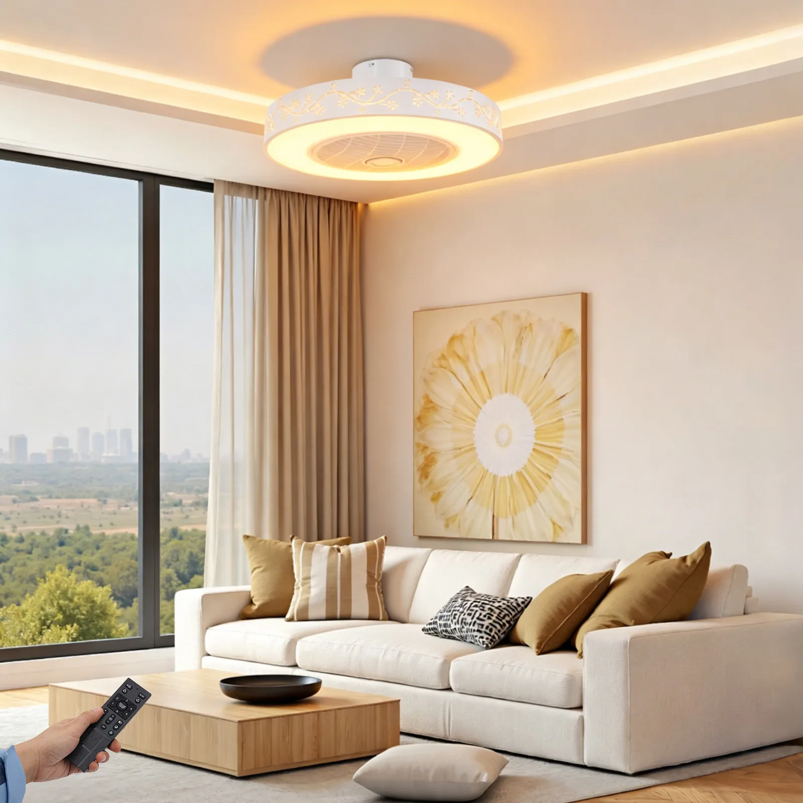 

Flush Mount Ceiling Fan Light 55*22cm Round Lampshade w/ Flower Patterns,110V Modern Smart Ceiling Fan Light with Remote Control