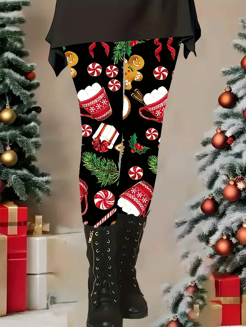 

Women Christmas themed candy gingerbread leggings retro style full waist pants X'mas outdoor vacation casual daily Woman clothes