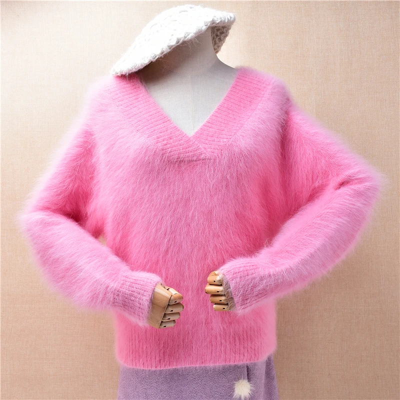 Women Mujer Autumn Winter Clothing Sweet Pink Hairy Mink Cashmere Knitted V-Neck Long Sleeves Slim Blouses Pullover Sweater Pull