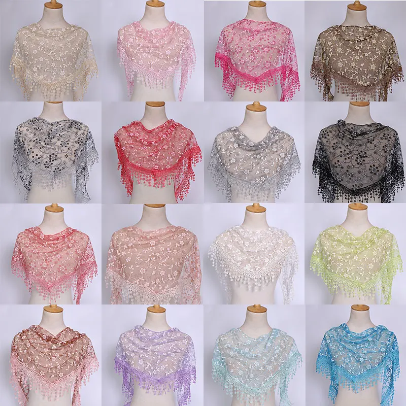 Women Embroidered Lace Tassel Triangle Scarf Solid Color Shawls Scarves Summer Photo Props Accessories Fashion Hijab 150*40Cm