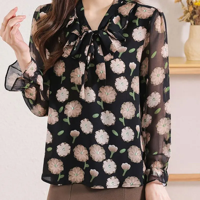 Spring Summer New Floral Printed Shirt Elegant V-Neck Drawstring Female Clothing Stylish Commute Loose Korean Long Sleeve Blouse