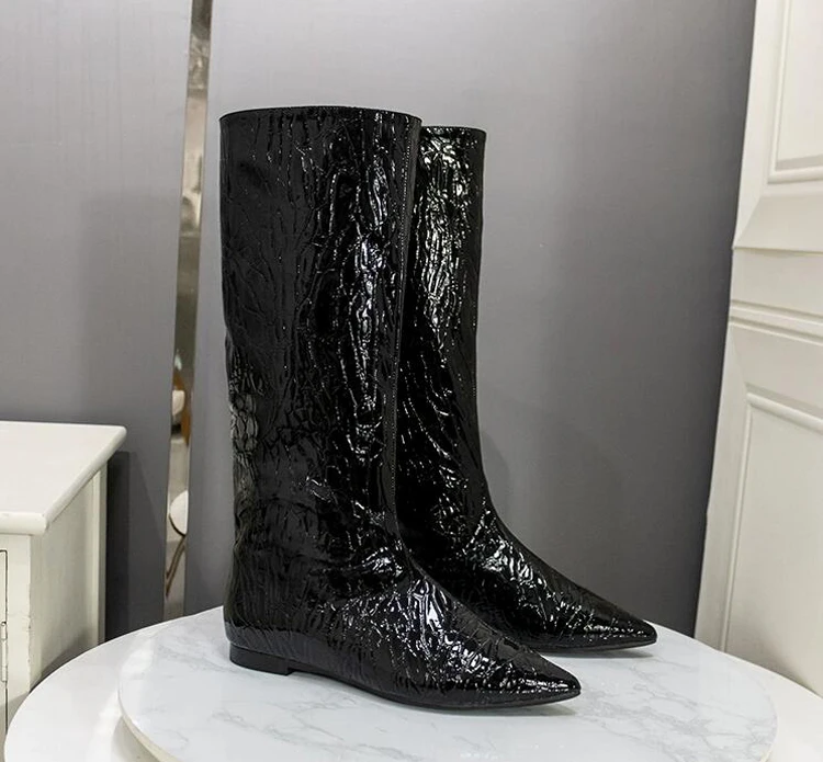 Newest Crocodile Pattern Knee High Boots Women Pointed Toe 1.5cm Flat Heel Knight Cowboy Boots Shiny Leather Shoes for Females