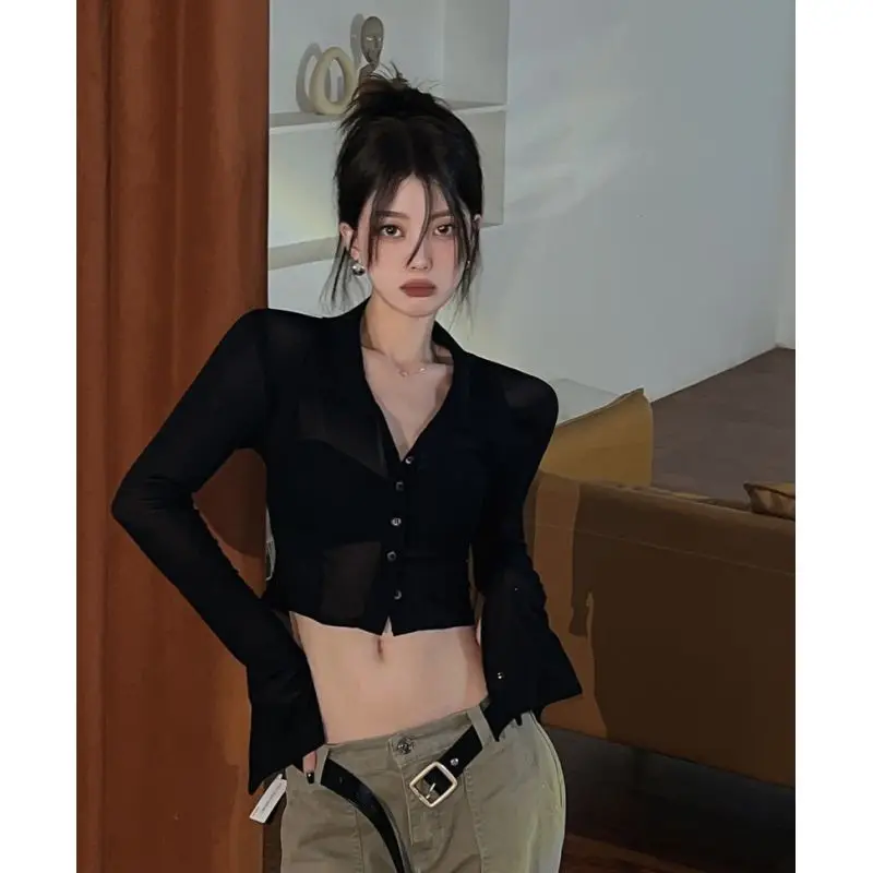 2026 Summer Fashion New Women's Design Mesh Top Single Breasted Shirt Flip Collar Short Style Spicy Girl Sexy Shirt