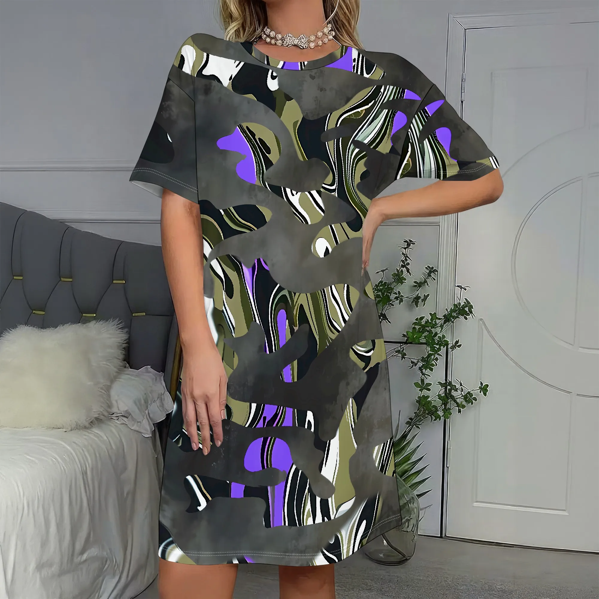 

Abstract Print, Short Sleeve Dress, Camouflage Pattern Olive Purple, Loose Fit A-Line Cut, Casual Wear Party Outfit, S-2XL