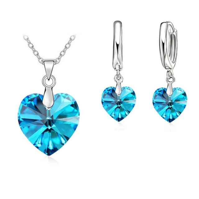 Austrian Crystal 925 Sterling Silver  Jewelry Heart Pendant Necklaces Lever Back Earrings Woman Accessories Gift