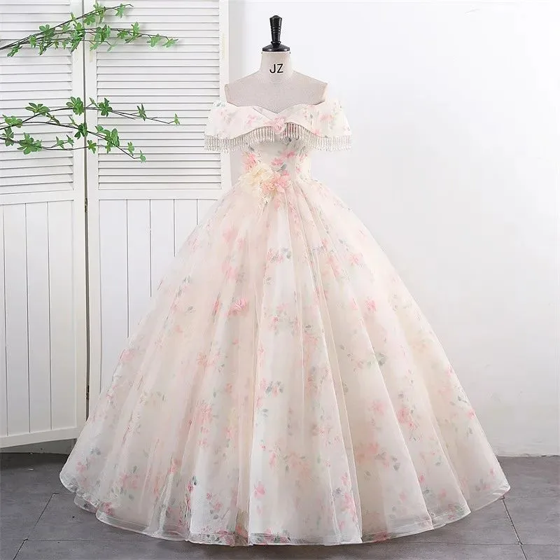 

Quinceanera Dresses 2024 Strapless Lace Ball Gown Long Applique Wedding Gown Pure And Lovely Floral Print Vestidos De 15 Años