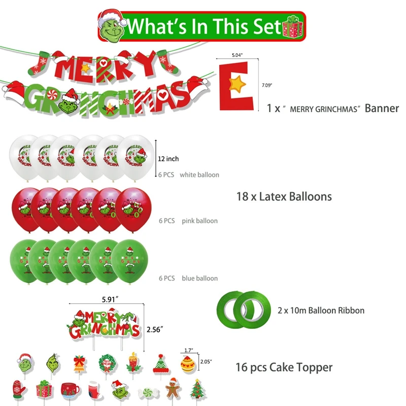 1Set Merry Grinchs Green People Max Cosplay Decoration Banner 18pcs Latex Balloon Cake Topper Grinch Figure Merry Christmas