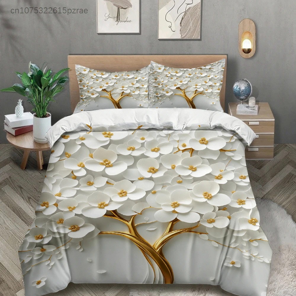 3D Floral Tree Bedding Set White Gold Flower Pattern Bedding With Duvet Cover & Pillowcases For Bedroom