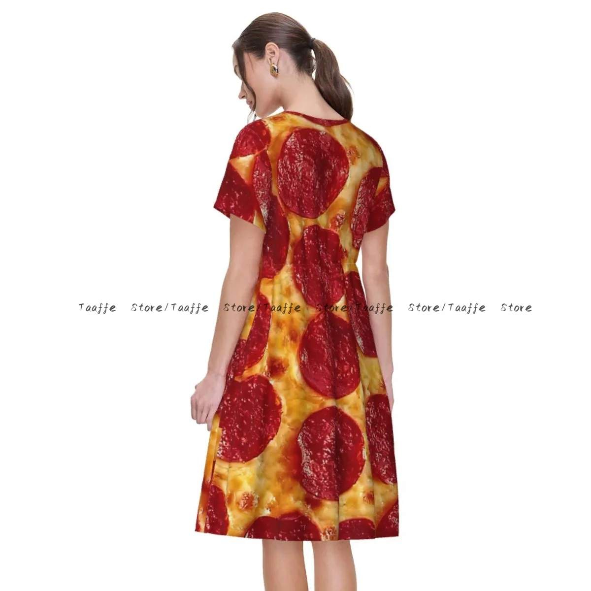 فستان Pepperoni Pizza الصيفي للنساء كاجوال برقبة دائرية وأكمام قصيرة