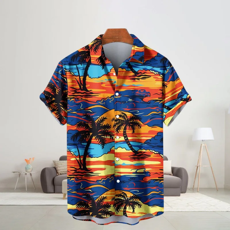 Hawaiian Coconut Tree Flower Short Sleeved Sunset Sailboat Gradient Palm Hibiscus Print Men's Shirt