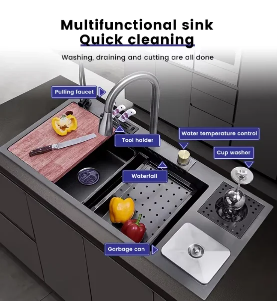 TikTok Trends All-in-One Stainless Steel Kitchen Sink with Single Bowl and Pull-Down Waterfall Faucet for Drain Installation