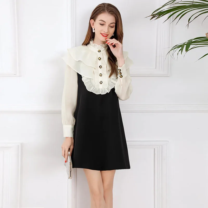 

MIUXIMAO 2022 High Quality Spring/ Summer Elegant Dress Half High Collar Flounced Edge Button Fashion Dress Women Vestides