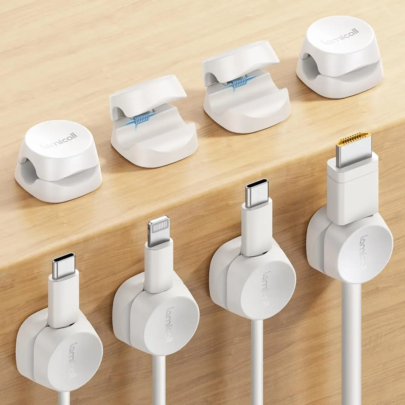 

Cable Clips for Desk & Nightstand – Spring-Loaded Wire Organizer, Adhesive Cord Holder, White