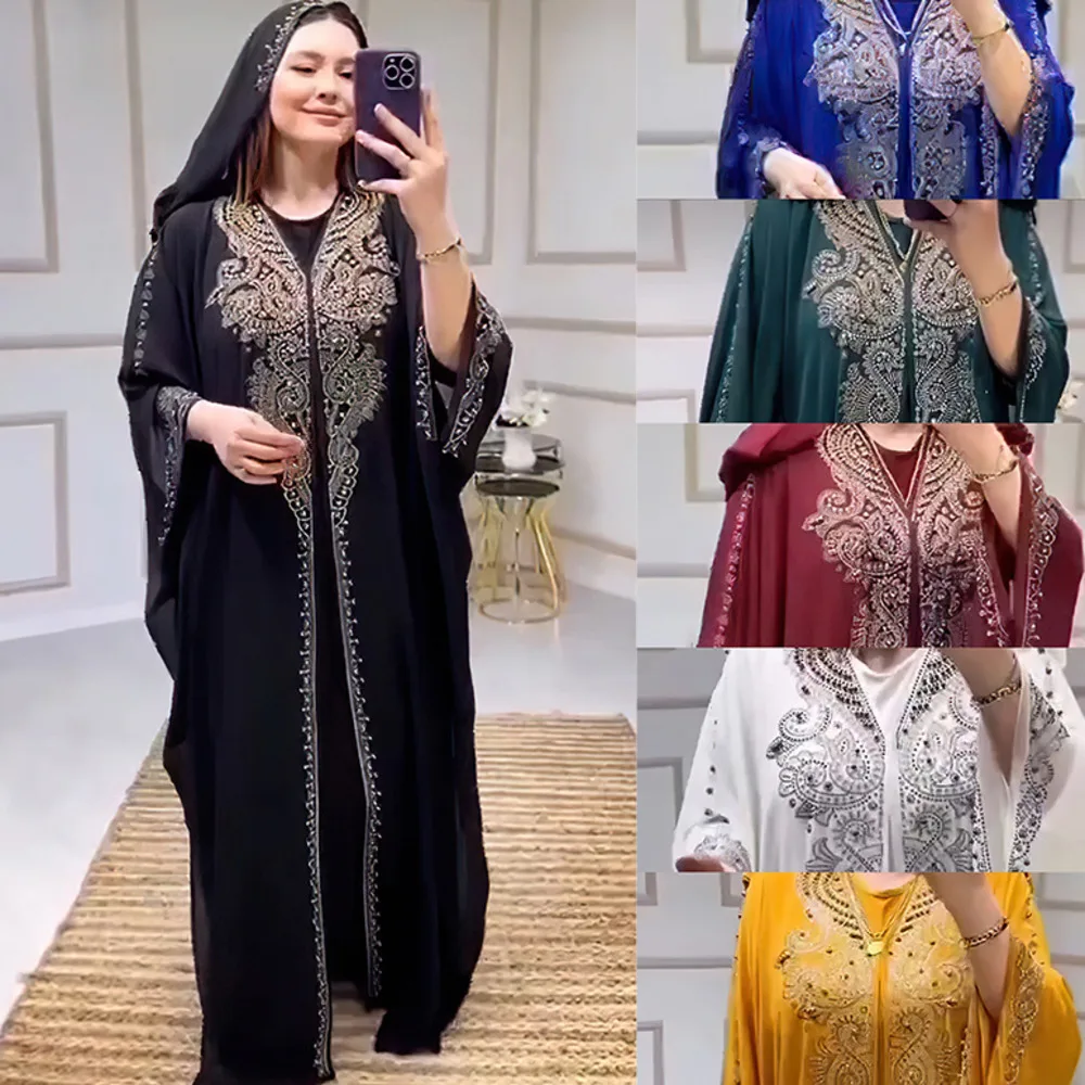 Diamond Beaded Museum Long Gown Large Women's Hooded Dress Black Hooded Muslim Arab Studded V-neck Long Large Hem Women's Robe