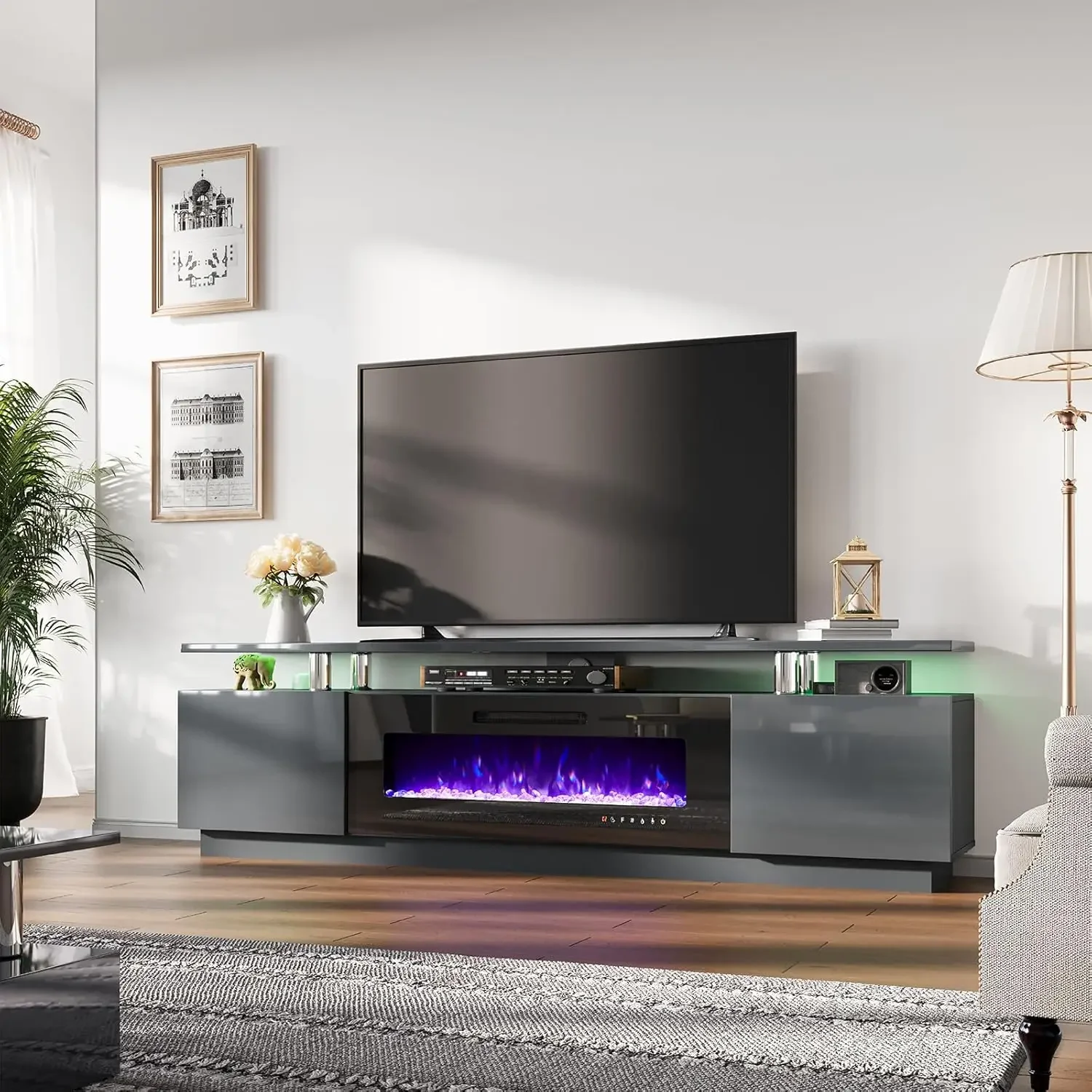 

TV Stand with 40" Fireplace 80" Modern High Gloss Fireplace Entertainment Center LED Lights 2 TV Console Cabinet TVs Up to 90