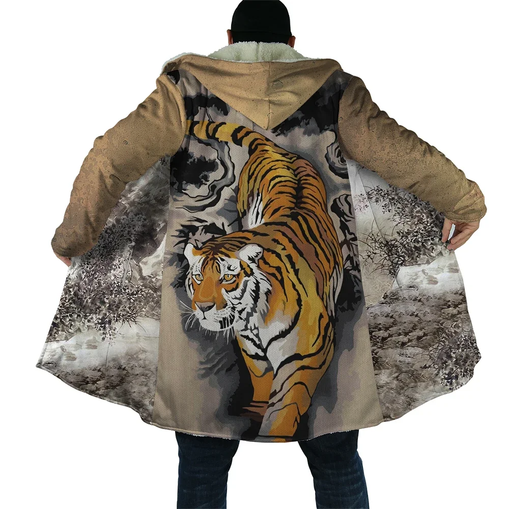 CLOOCL Men Winter Hooded Cloak Funny Cartoon Tiger Skin Graphic 3D Printed Fleece Overcoat Thick Warm Hood Cloak S-5XL