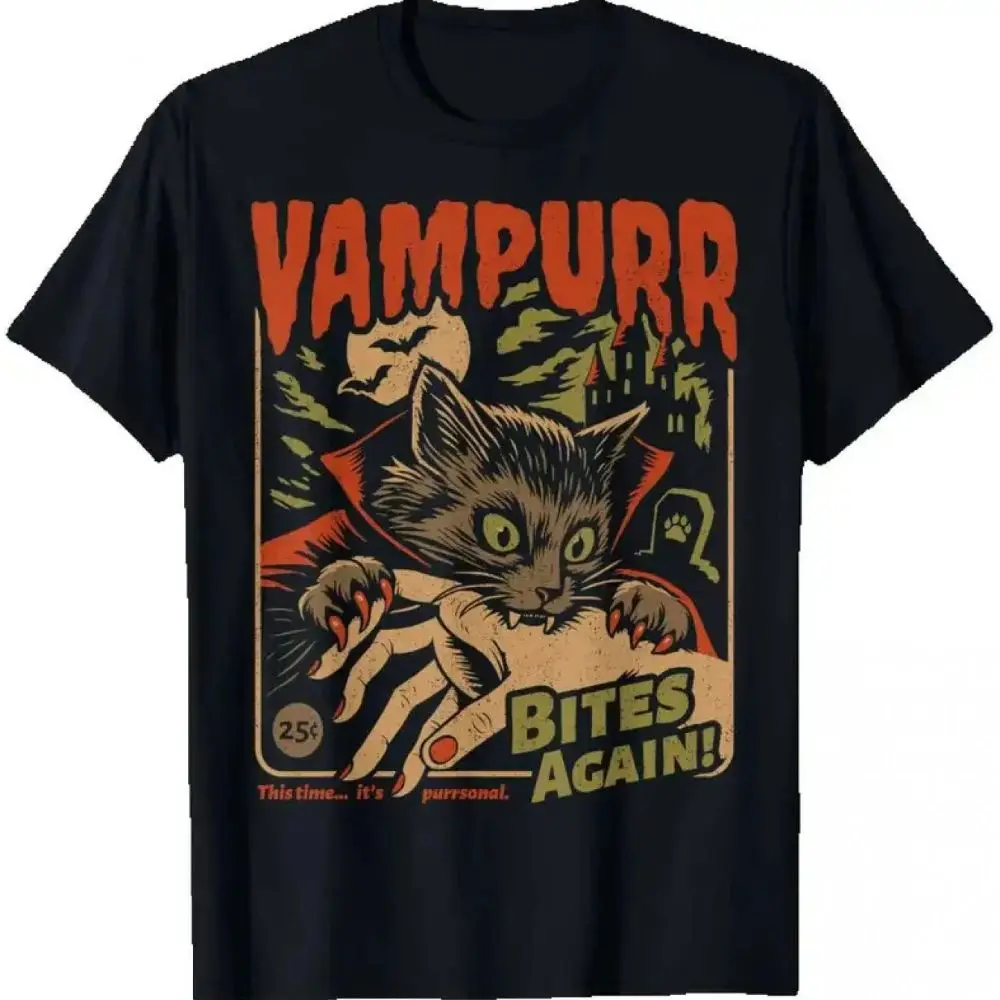 Funny Cat Halloween Vintage Graphic T-Shirt Vampurr Bites Again! Casual Short-Sleeved Breathable Sweat-Wicking Versatile Trendy