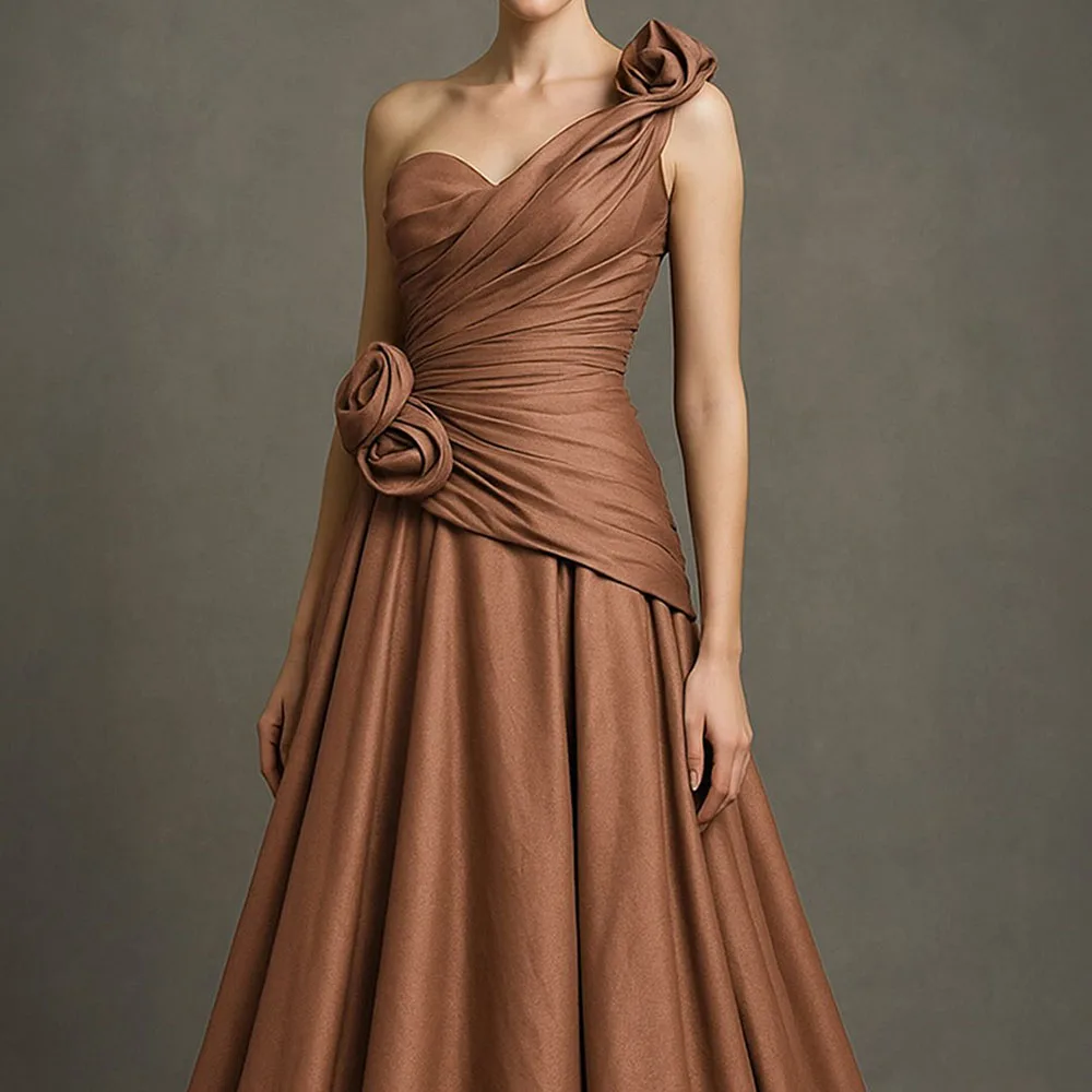 Customized A-line Evening Dresses Floor-length One-shoulder Sleeveless Prom Gown Fashion Flowers Draped Backless Party Gown