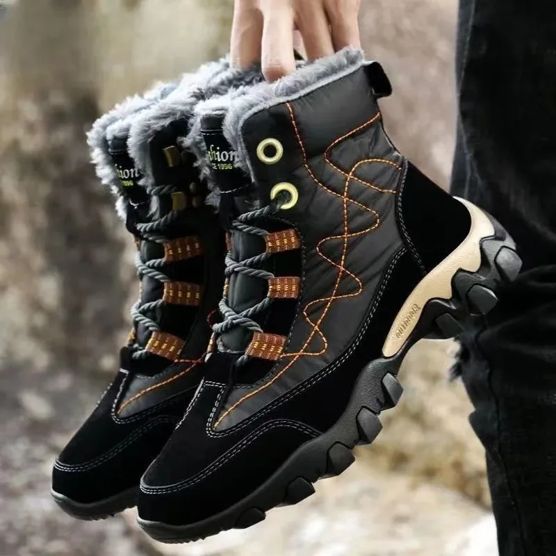 Winter men's cotton shoes with warm insulation plush and thickened outdoor snow boots tie up sports soles high top men's shoes