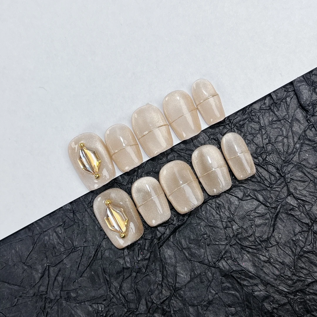 Emmabeauty Dreamy Champagne Hand Painted Removable Reusable High Quality Handmade Press On Nails.No.C686