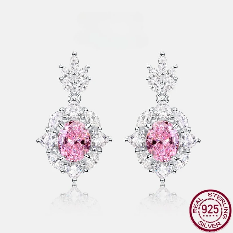 

New S925 Pure Silver Pink High Carbon Diamond European and American Style Ice Flower Cutting Earrings Wedding Jewelry